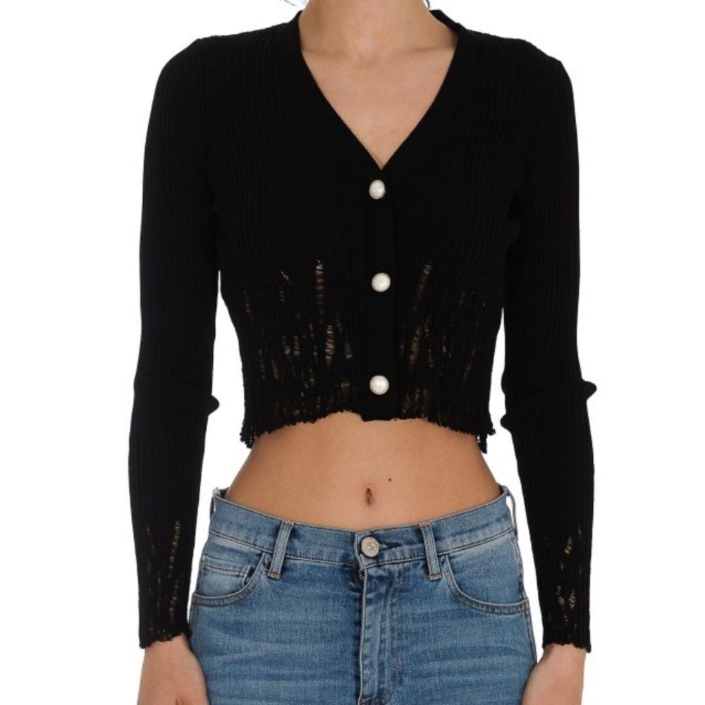 NWT Pinko Pallamano Cardigan Black with Pearl Button Distressed Cropped Large